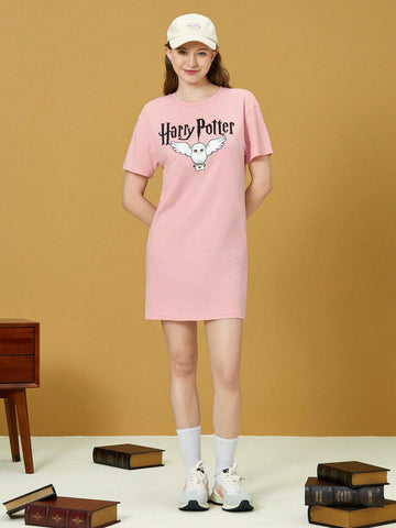 1pc Ravenclaw Owl Graphic Pink Drop Shoulder Tee Dress