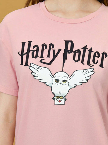 1pc Ravenclaw Owl Graphic Pink Drop Shoulder Tee Dress