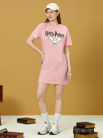 1pc Ravenclaw Owl Graphic Pink Drop Shoulder Tee Dress