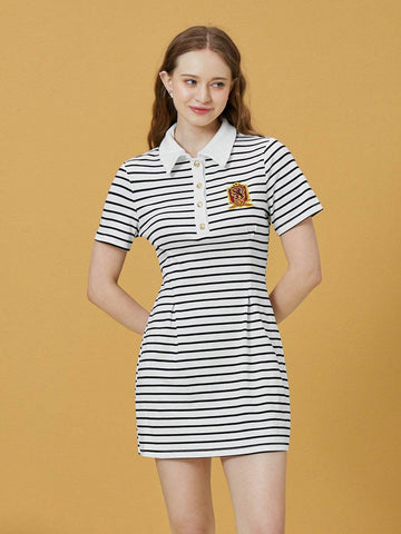 Patched Striped Print Half Button Placket Dress
