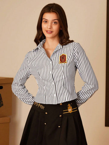 HARRY POTTER X SHEIN Gryffindor Badge Striped Button-Up Shirt
