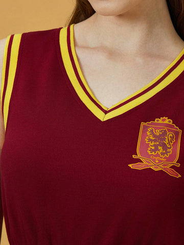 Gryffindor Pattern Preppy Burgundy Summer V-Neck Jumpsuit