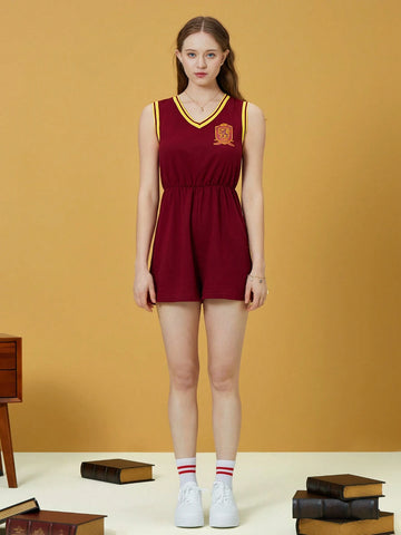 Gryffindor Pattern Preppy Burgundy Summer V-Neck Jumpsuit