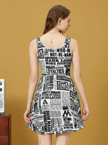 Knitted Black And White Newspaper Printed Scoop Neck Dress