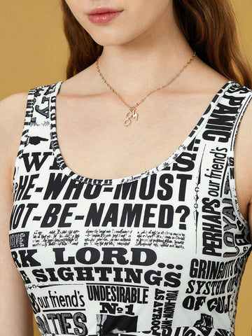Knitted Black And White Newspaper Printed Scoop Neck Dress