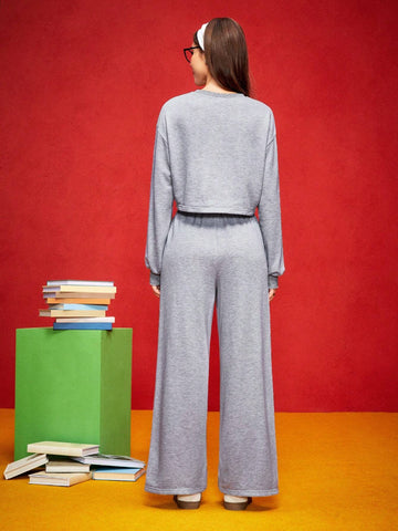 Women Casual Animal Badge & Letter Print Drop Shoulder Loose Cropped Sweatshirt And Elastic Waist Wide Leg Long Pants Set, Spring/Autumn