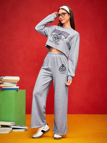 Women Casual Animal Badge & Letter Print Drop Shoulder Loose Cropped Sweatshirt And Elastic Waist Wide Leg Long Pants Set, Spring/Autumn