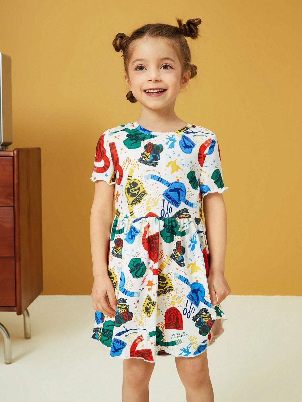 Young Girl 1pc Dopamine Full Printed Lettuce Trim Dress