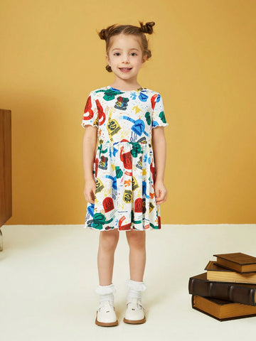 Young Girl 1pc Dopamine Full Printed Lettuce Trim Dress