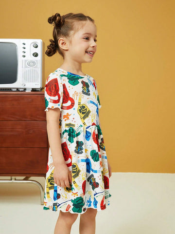 Young Girl 1pc Dopamine Full Printed Lettuce Trim Dress