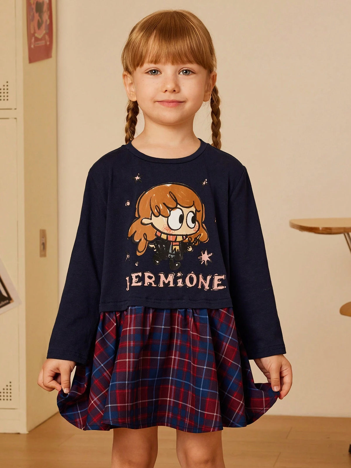 Young Girl Cartoon Character Letter Printed Plaid Patchwork Round Neck Dress