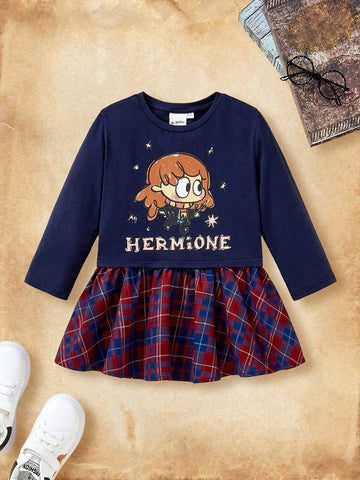 Young Girl Cartoon Character Letter Printed Plaid Patchwork Round Neck Dress