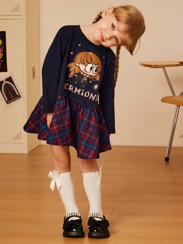 Young Girl Cartoon Character Letter Printed Plaid Patchwork Round Neck Dress