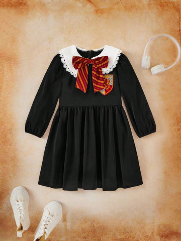 Young Girl Color-Block Badge Decor Peter Pan Collar Black Dress, With Removable Bowknot
