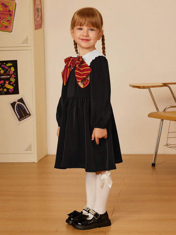 Young Girl Color-Block Badge Decor Peter Pan Collar Black Dress, With Removable Bowknot
