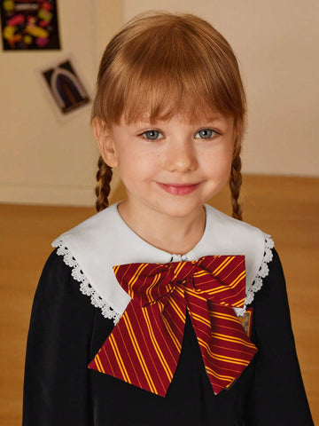 Young Girl Color-Block Badge Decor Peter Pan Collar Black Dress, With Removable Bowknot