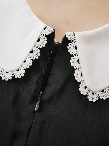 Young Girl Color-Block Badge Decor Peter Pan Collar Black Dress, With Removable Bowknot