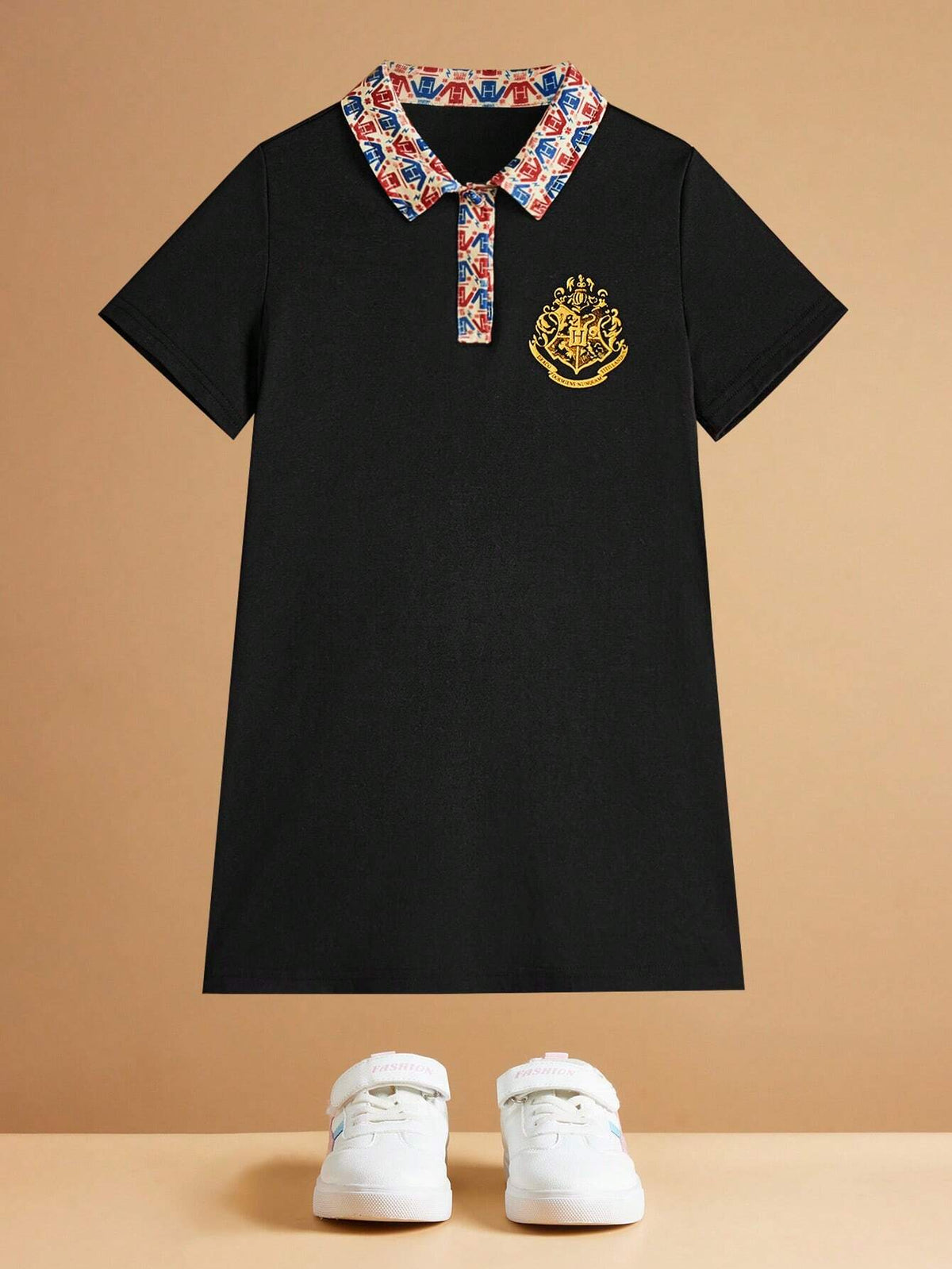 Young Girl Contrast Collar Animal And Letter Graphic Dress