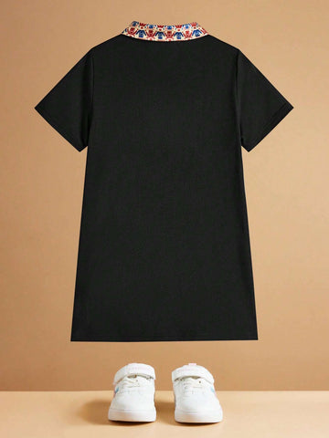 Young Girl Contrast Collar Animal And Letter Graphic Dress
