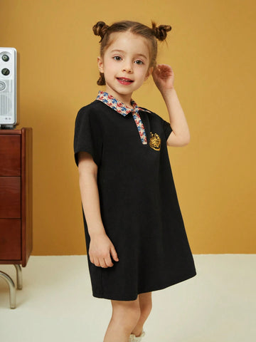 Young Girl Contrast Collar Animal And Letter Graphic Dress
