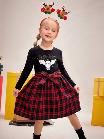 Young Girl's Cute Elegant Sweet Casual Hedwig Owl Print Red & Black Plaid Belted Dress, Suitable For Autumn, Winter And Christmas