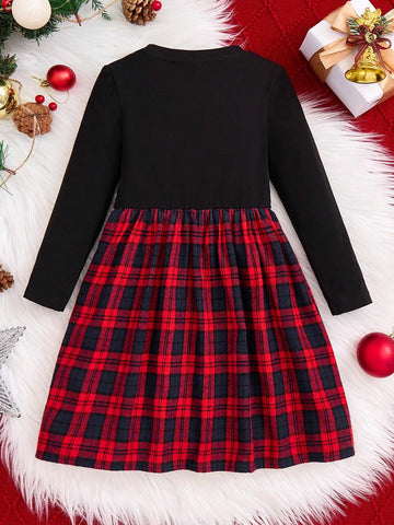 Young Girl's Cute Elegant Sweet Casual Hedwig Owl Print Red & Black Plaid Belted Dress, Suitable For Autumn, Winter And Christmas