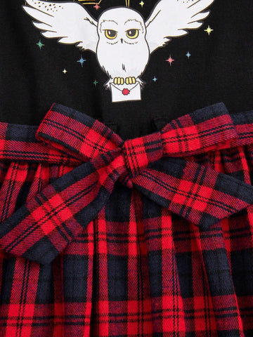 Young Girl's Cute Elegant Sweet Casual Hedwig Owl Print Red & Black Plaid Belted Dress, Suitable For Autumn, Winter And Christmas