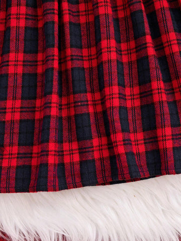 Young Girl's Cute Elegant Sweet Casual Hedwig Owl Print Red & Black Plaid Belted Dress, Suitable For Autumn, Winter And Christmas