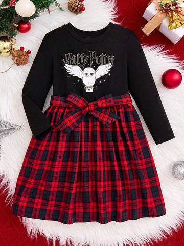 Young Girl's Cute Elegant Sweet Casual Hedwig Owl Print Red & Black Plaid Belted Dress, Suitable For Autumn, Winter And Christmas