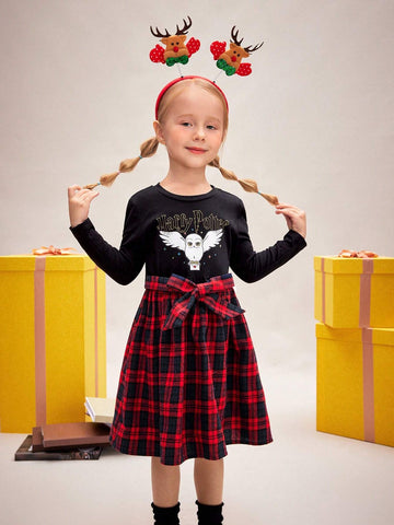 Young Girl's Cute Elegant Sweet Casual Hedwig Owl Print Red & Black Plaid Belted Dress, Suitable For Autumn, Winter And Christmas