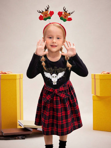 Young Girl's Cute Elegant Sweet Casual Hedwig Owl Print Red & Black Plaid Belted Dress, Suitable For Autumn, Winter And Christmas