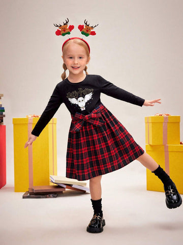 Young Girl's Cute Elegant Sweet Casual Hedwig Owl Print Red & Black Plaid Belted Dress, Suitable For Autumn, Winter And Christmas