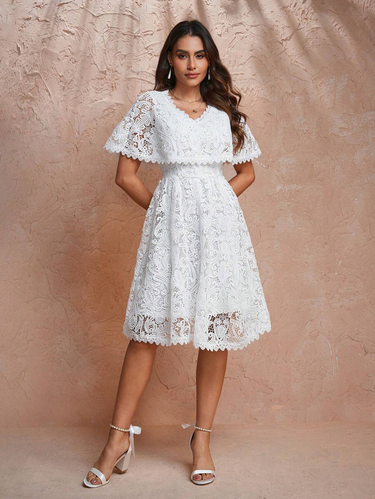 H&A Designer V Neck Layered Ruffle Hem Guipure Lace Dress