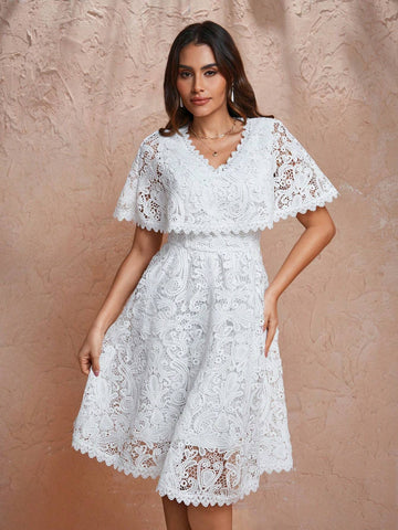 H&A Designer V Neck Layered Ruffle Hem Guipure Lace Dress