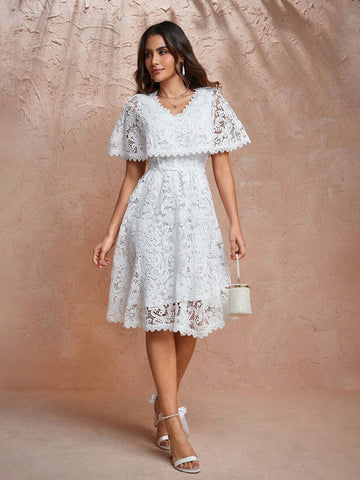 H&A Designer V Neck Layered Ruffle Hem Guipure Lace Dress