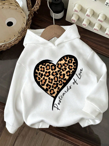 HEART Young Girls Casual Simple Heart & Leopard Print Pattern Warm Knitted Long Sleeve Thick Sweatshirt, Suitable For Autumn/Winter