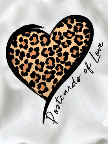 HEART Young Girls Casual Simple Heart & Leopard Print Pattern Warm Knitted Long Sleeve Thick Sweatshirt, Suitable For Autumn/Winter
