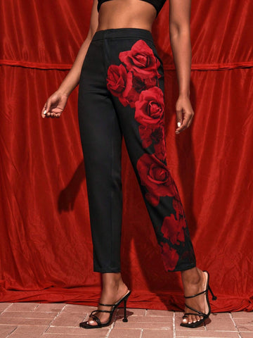 HEAVINZ LANE Designer Women Rose Printed Tapered Pants, For Summer, Holiday, Valentine's Day
