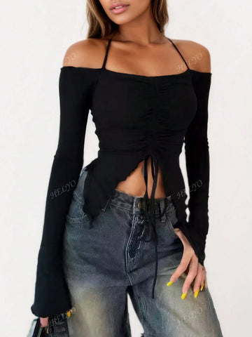 Women's Casual Pleated Off-Shoulder Long-Sleeved Top