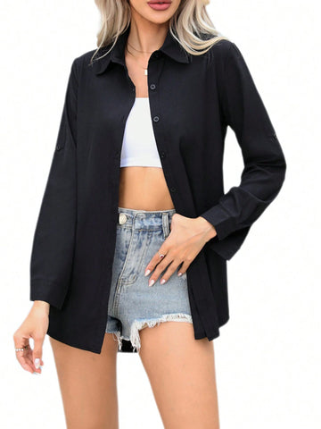 Women's Solid Color Chiffon Woven Button-Down Long Shirt