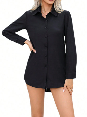 Women's Solid Color Chiffon Woven Button-Down Long Shirt