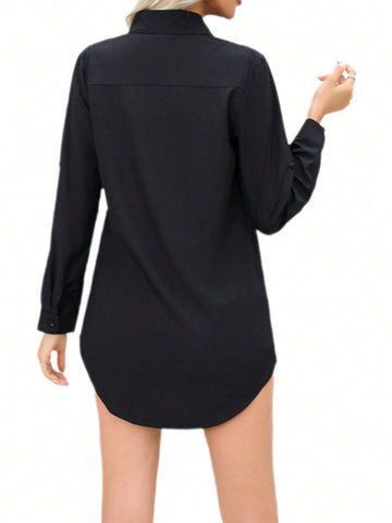 Women's Solid Color Chiffon Woven Button-Down Long Shirt