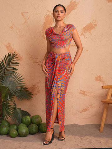 Off-Shoulder Backless Tie-Up Printed Top