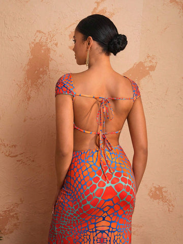 Off-Shoulder Backless Tie-Up Printed Top