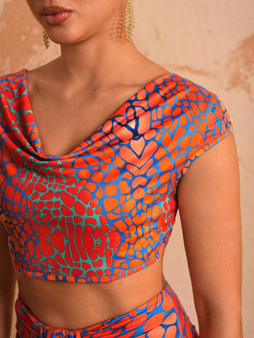 Off-Shoulder Backless Tie-Up Printed Top