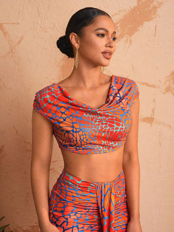 Off-Shoulder Backless Tie-Up Printed Top