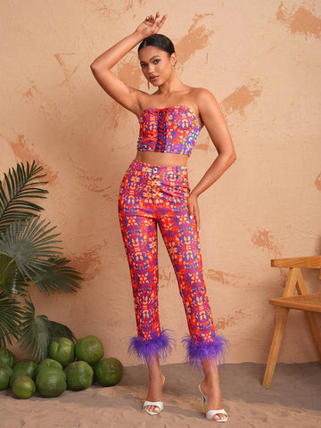 HIBA Women Vacation Style Flower Print Camel Bird Wool Slender Foot Mouth Patchwork Slim Fit Long Pants