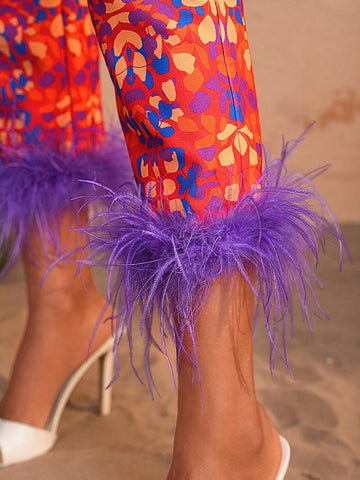 HIBA Women Vacation Style Flower Print Camel Bird Wool Slender Foot Mouth Patchwork Slim Fit Long Pants