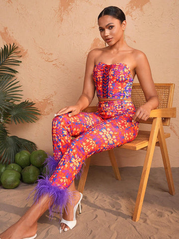 HIBA Women Vacation Style Flower Print Camel Bird Wool Slender Foot Mouth Patchwork Slim Fit Long Pants