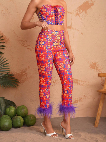 HIBA Women Vacation Style Flower Print Camel Bird Wool Slender Foot Mouth Patchwork Slim Fit Long Pants